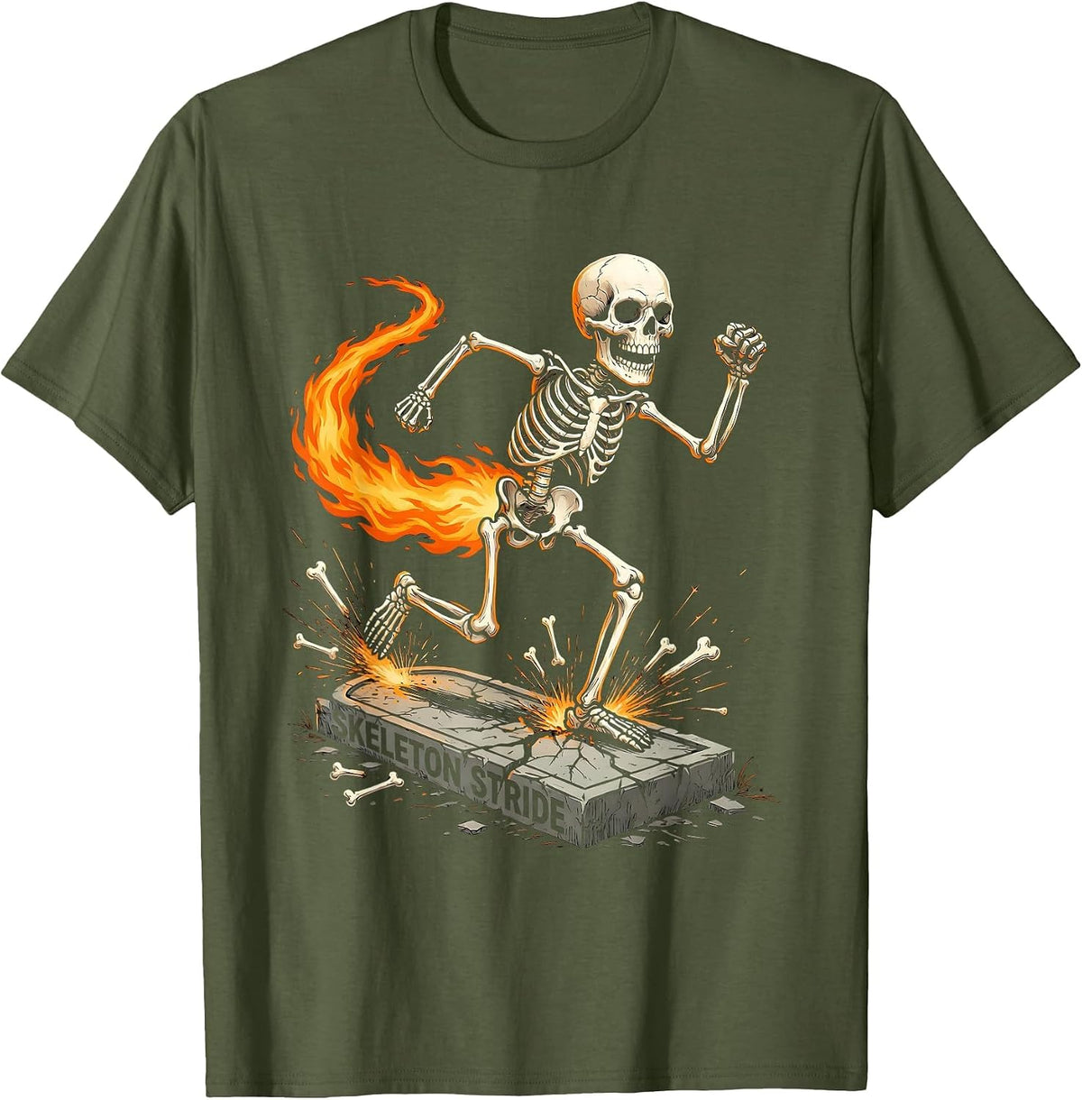 Skeleton Stride Horror Halloween 5K Running Race Matching T-Shirt - Olive Green