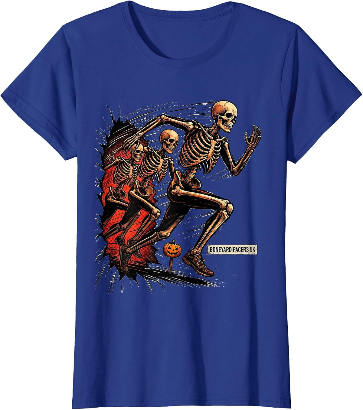 Women's Boneyard Pacers 5K Comic Book Skeleton Runner Halloween Fun T-Shirt - Royal Blue