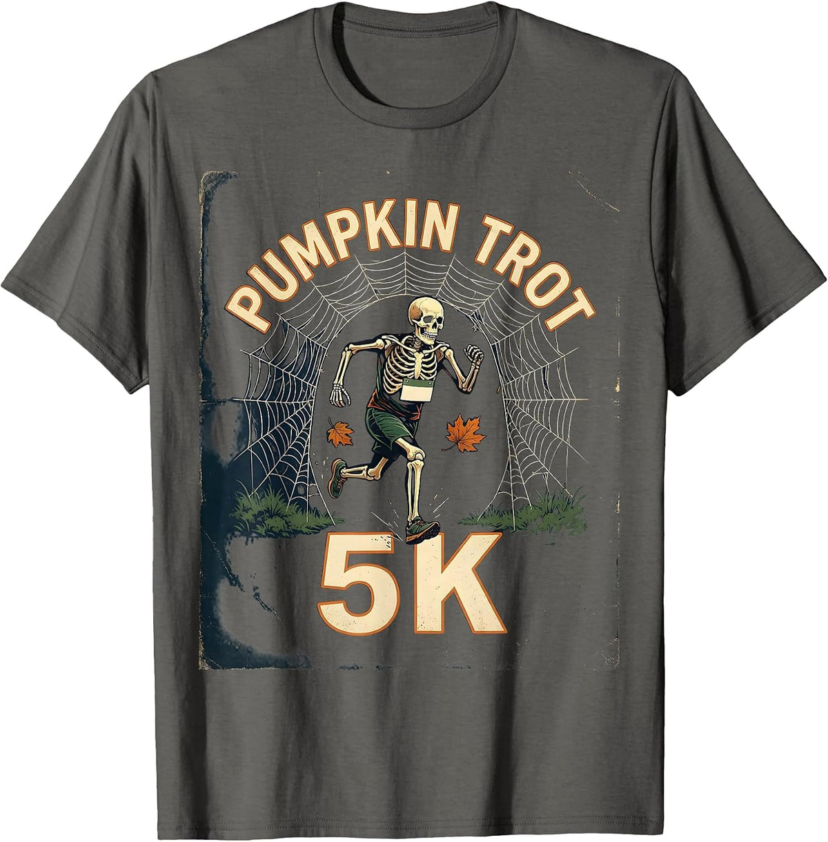 Men's Pumpkin Trot 5K Vintage Skeleton Halloween Fun Run Matching T-Shirt - Asphalt Grey