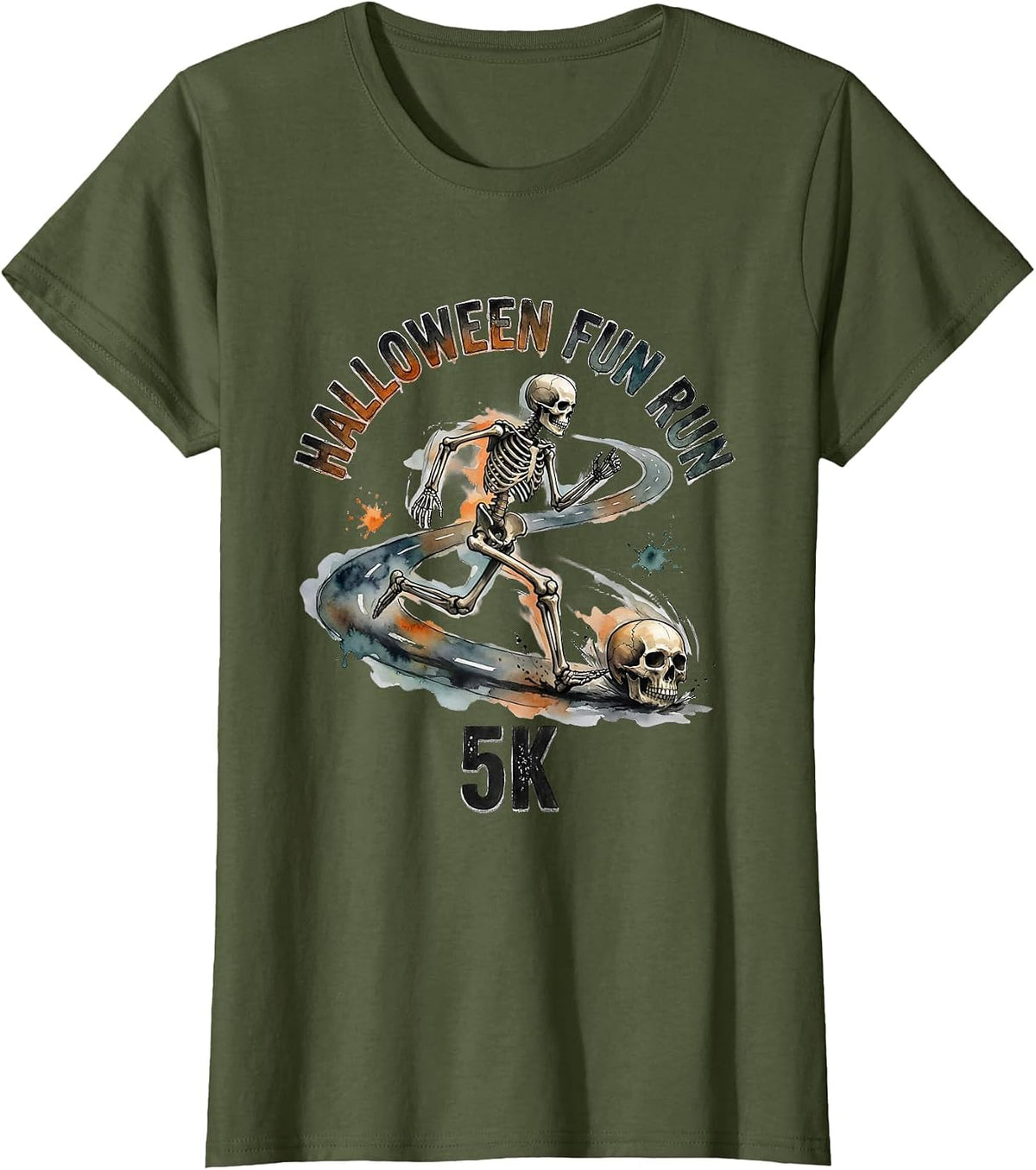 Women's Halloween Fun Run 5K Funny Skeleton Runner Watercolor T-Shirt - Olive Green