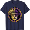 Ornate Mardi Gras Mask Gold and Purple Design T-Shirt - Navy Blue