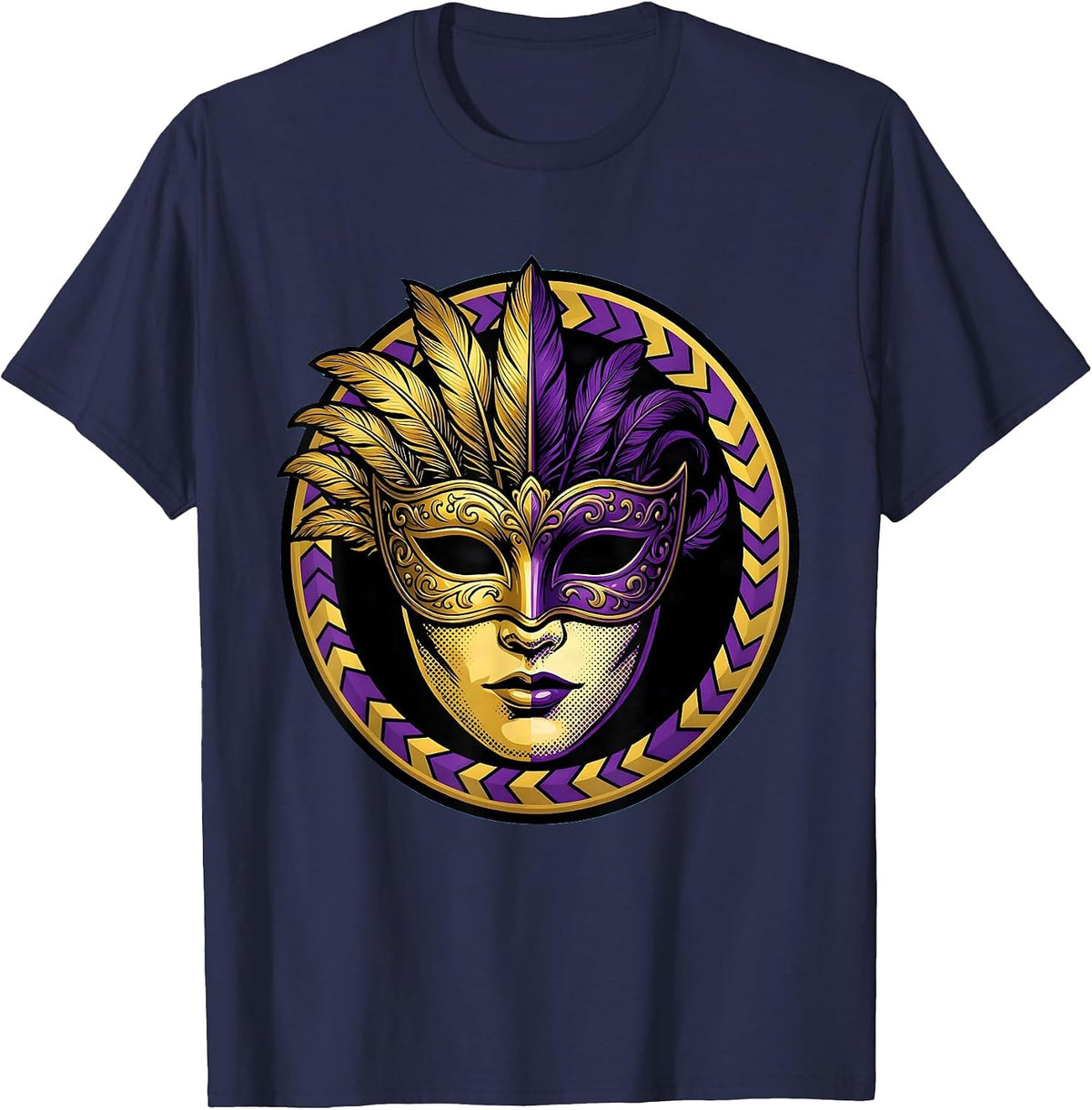 Ornate Mardi Gras Mask Gold and Purple Design T-Shirt - Navy Blue