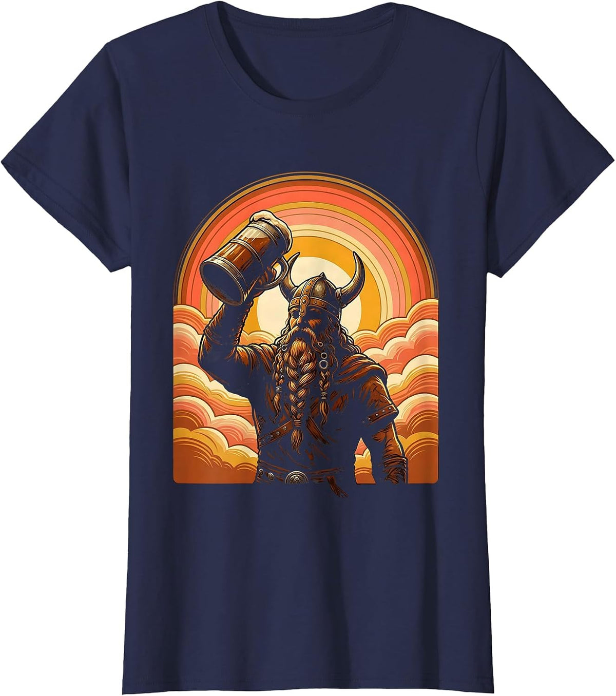 Women's Viking Mead Horn Braided Beard Illustration T-Shirt - Navy Blue
