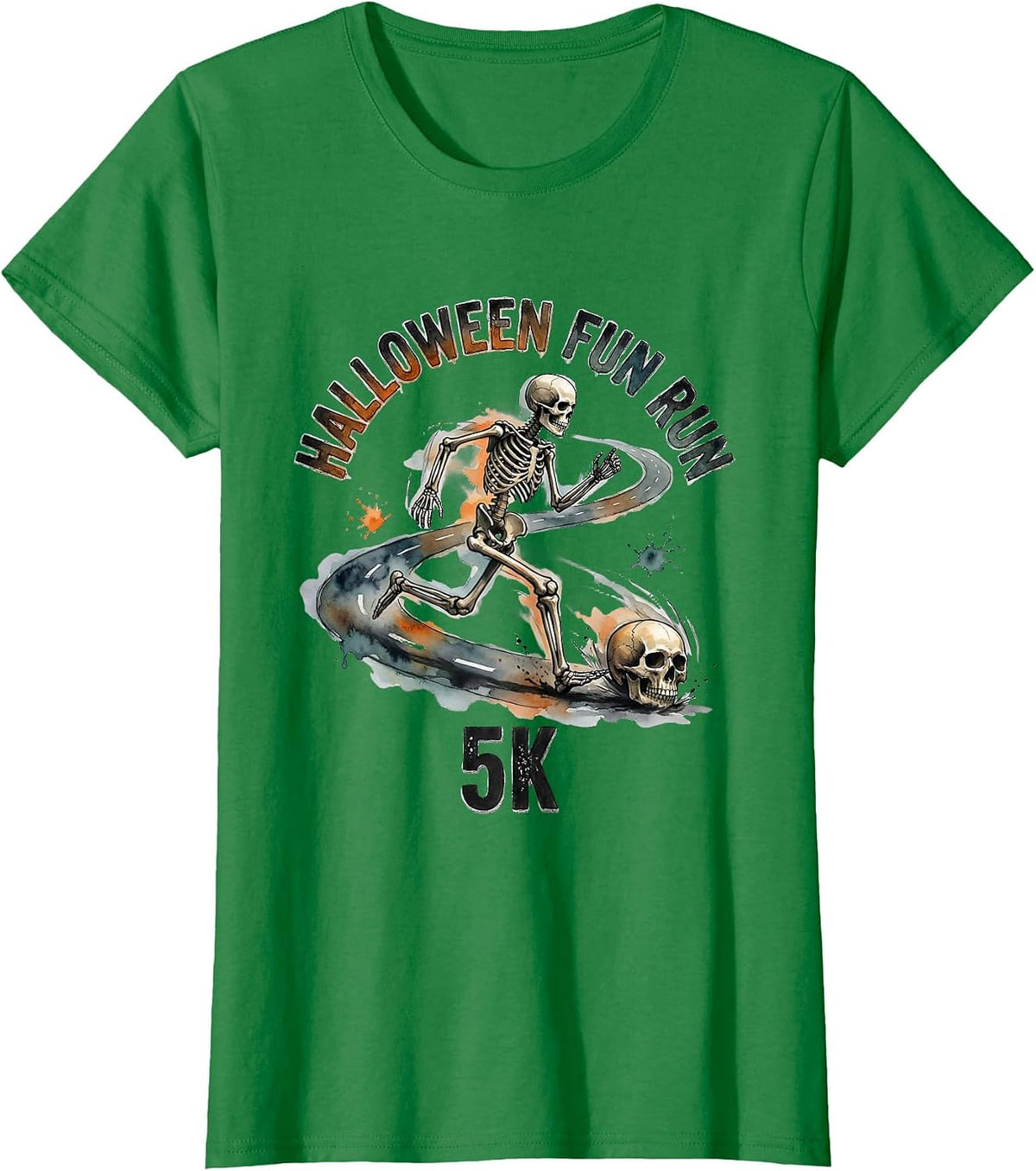 Women's Halloween Fun Run 5K Funny Skeleton Runner Watercolor T-Shirt - Kelly Green