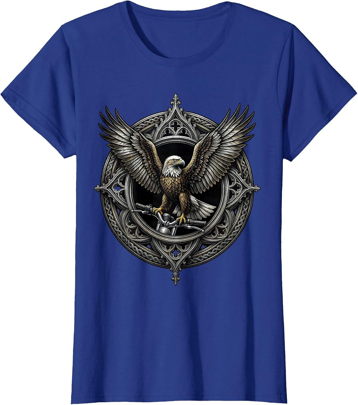 Women's Eagle on Chrome Motorcycle Handlebar Biker Graphic T-Shirt - Royal Blue