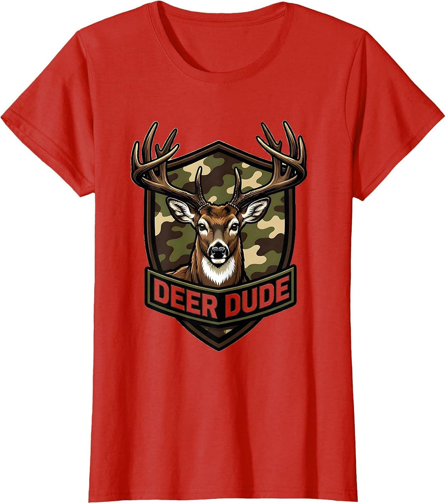 Women's Deer Dude Cartoon Whitetail Buck Youth Hunting Family Humor T-Shirt - Red