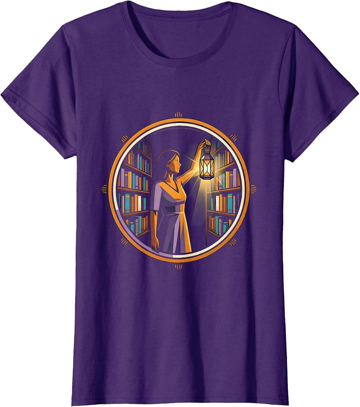 Teacher Librarian Lantern Dark Library Illustration T-Shirt - Purple