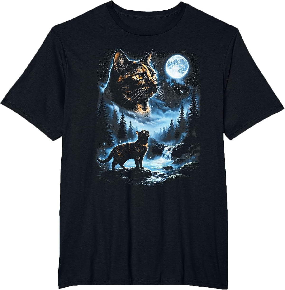 Tortoiseshell Cat Howling At Moon Celestial Parody Design T-Shirt - Black