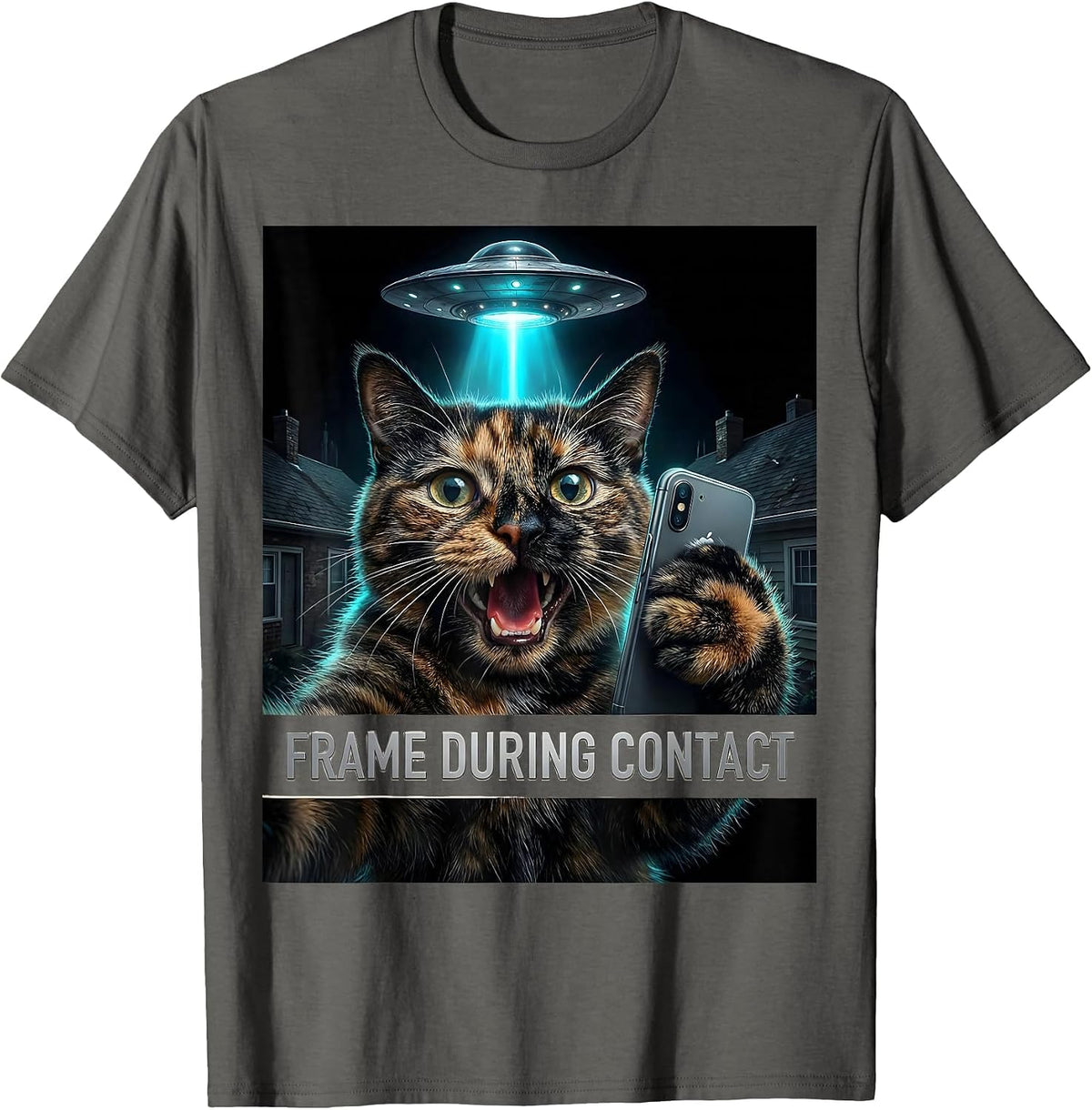 Frame During Contact Hyperreal Cat UFO Selfie Humor T-Shirt - Asphalt Grey