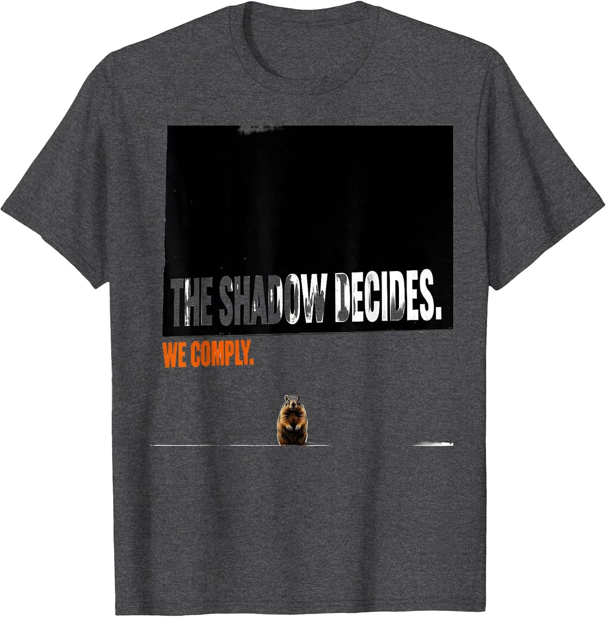 Men's The Shadow Decides We Comply Brutalist Humor Groundhog Day T-Shirt - Dark Heather Grey