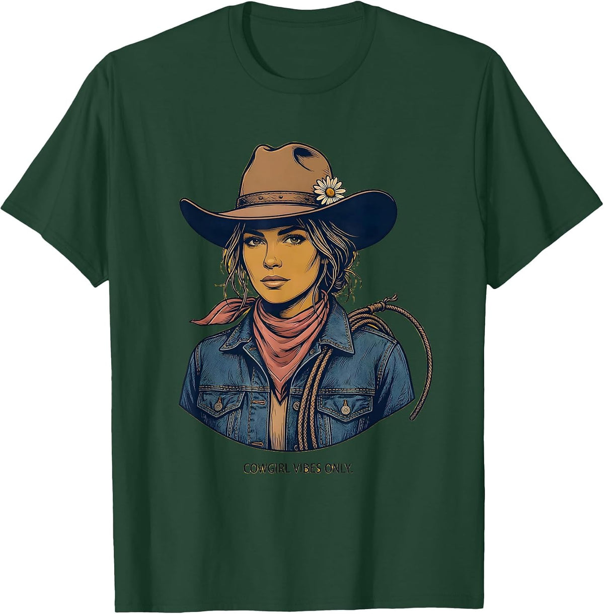 Cowgirl Vibes Only Denim Western Design T-Shirt - Dark Green