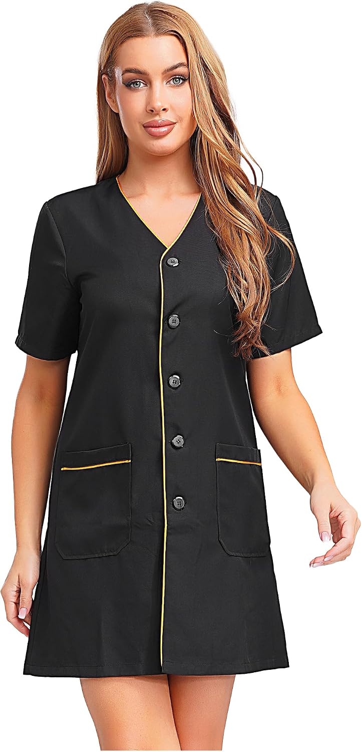 Jhaoyu Women's Salon Uniform Dress V-neck Short Sleeve Work Coat with Pockets for Estheticians Lash Techs - Black