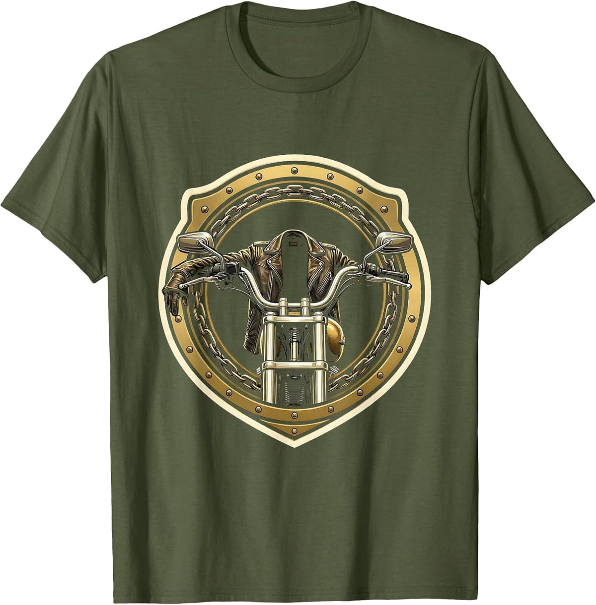 Men's Leather Jacket on Motorcycle Mirror Graphic Tee T-Shirt - Olive Green