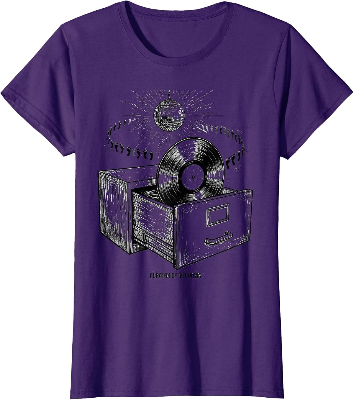 Women's Curator of Get Down Retro 70s Disco Party Humor T-Shirt - Purple