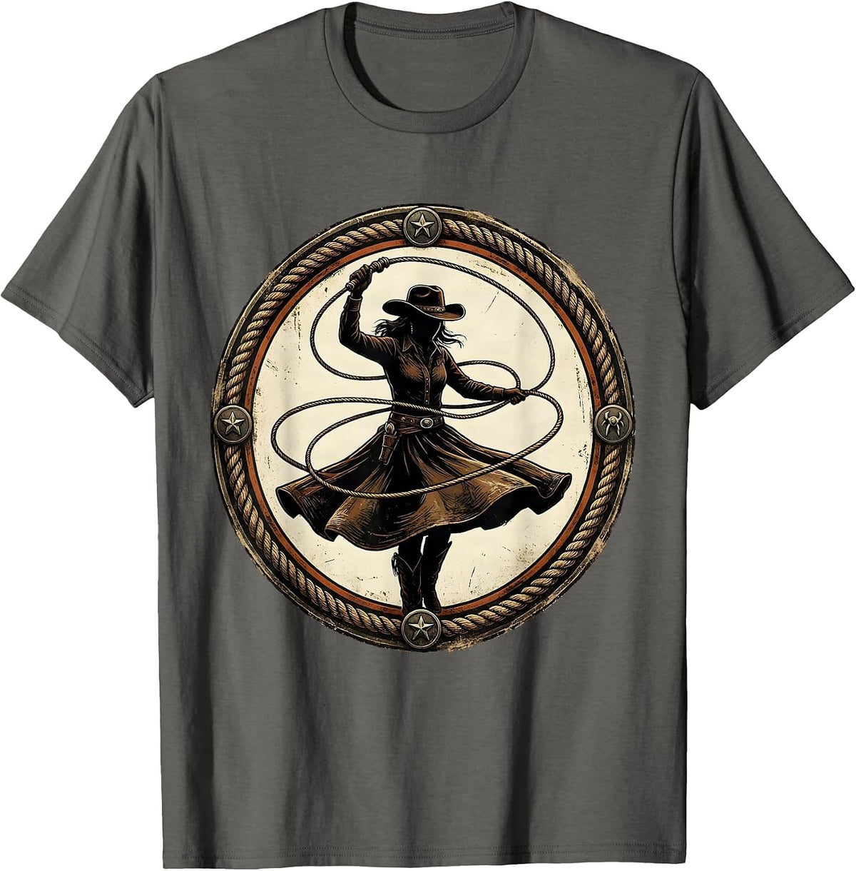 Cowboy Lasso Twirl Wide Brim Hat Western Graphic T-Shirt - Asphalt Grey