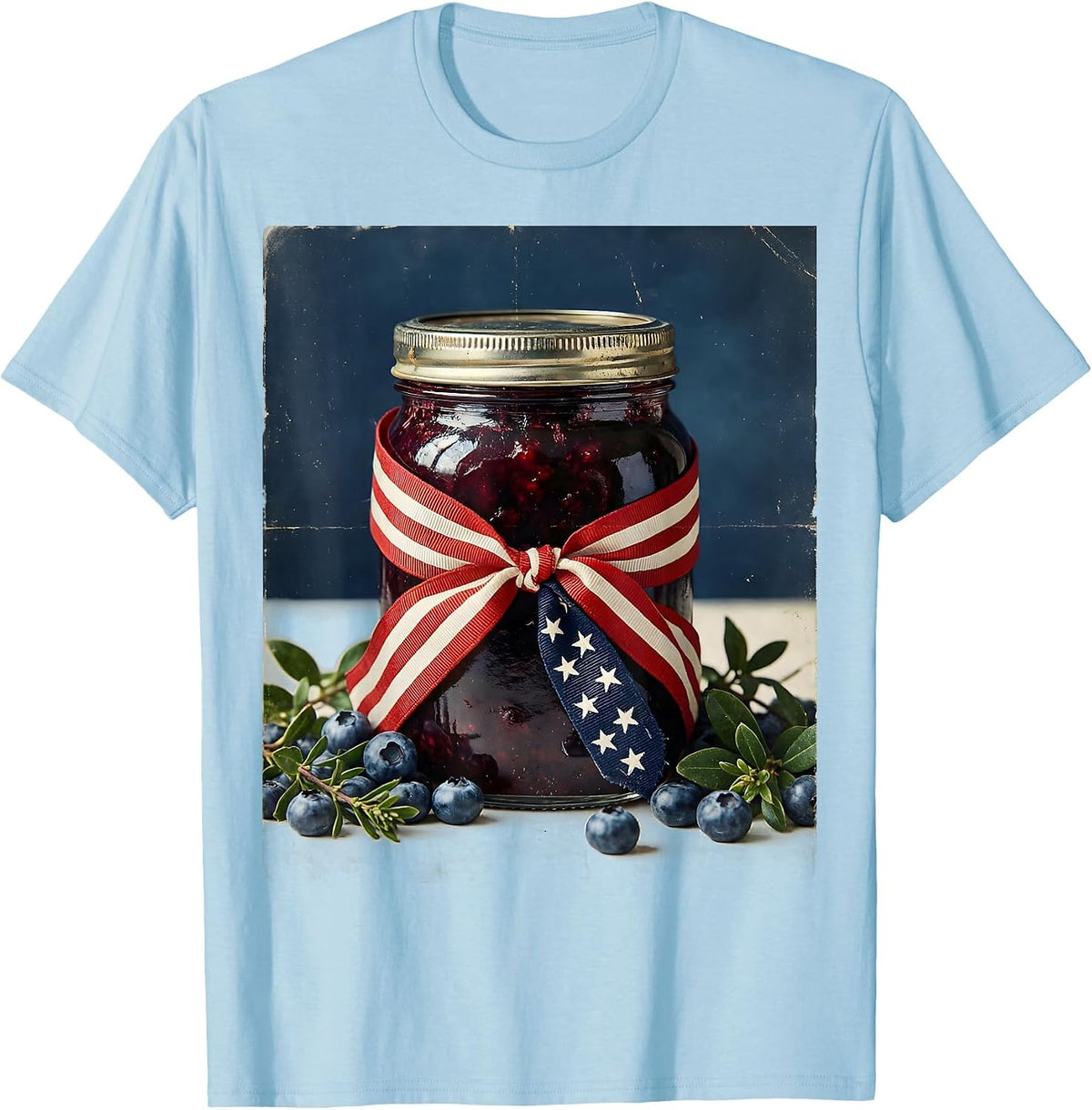 Red White and Blueberries Jam Jar Flag Ribbon T-Shirt, Men, Baby Blue, X-Large - As Pictured