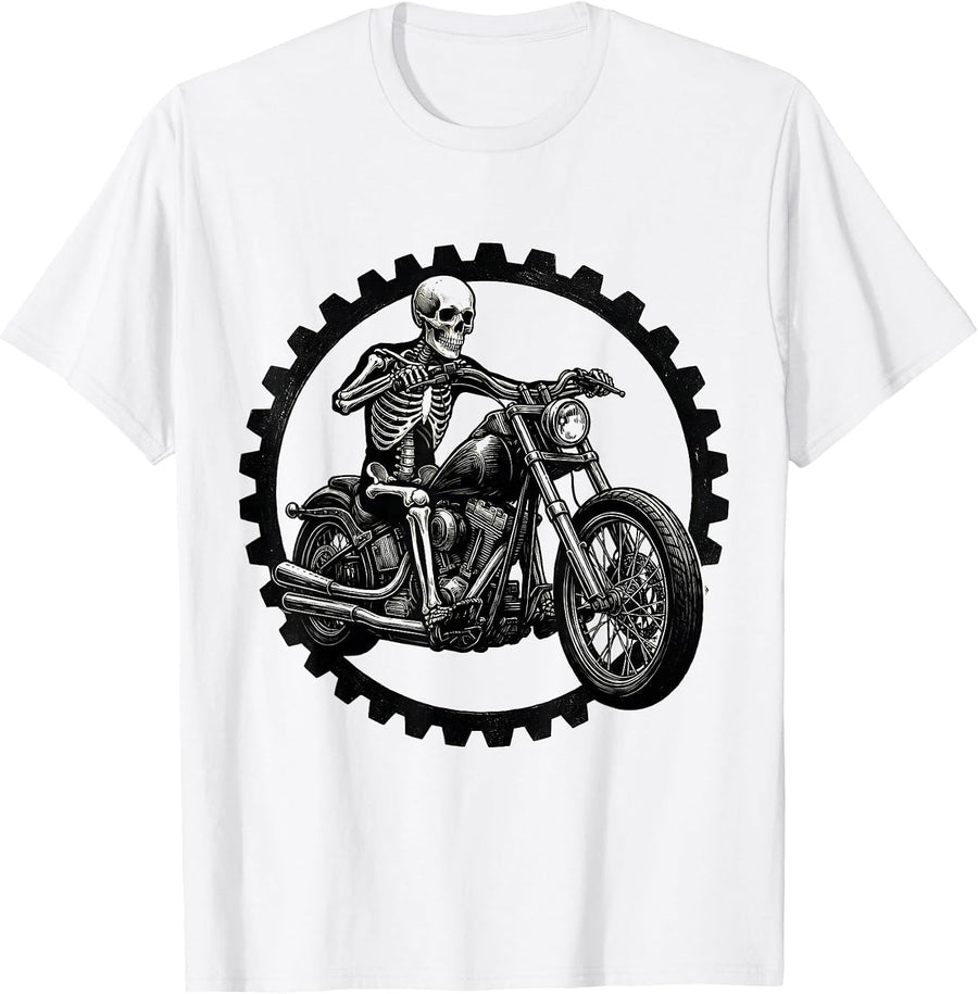 Men's Skeleton Riding a Chopper Motorcycle Graphic T-Shirt - White