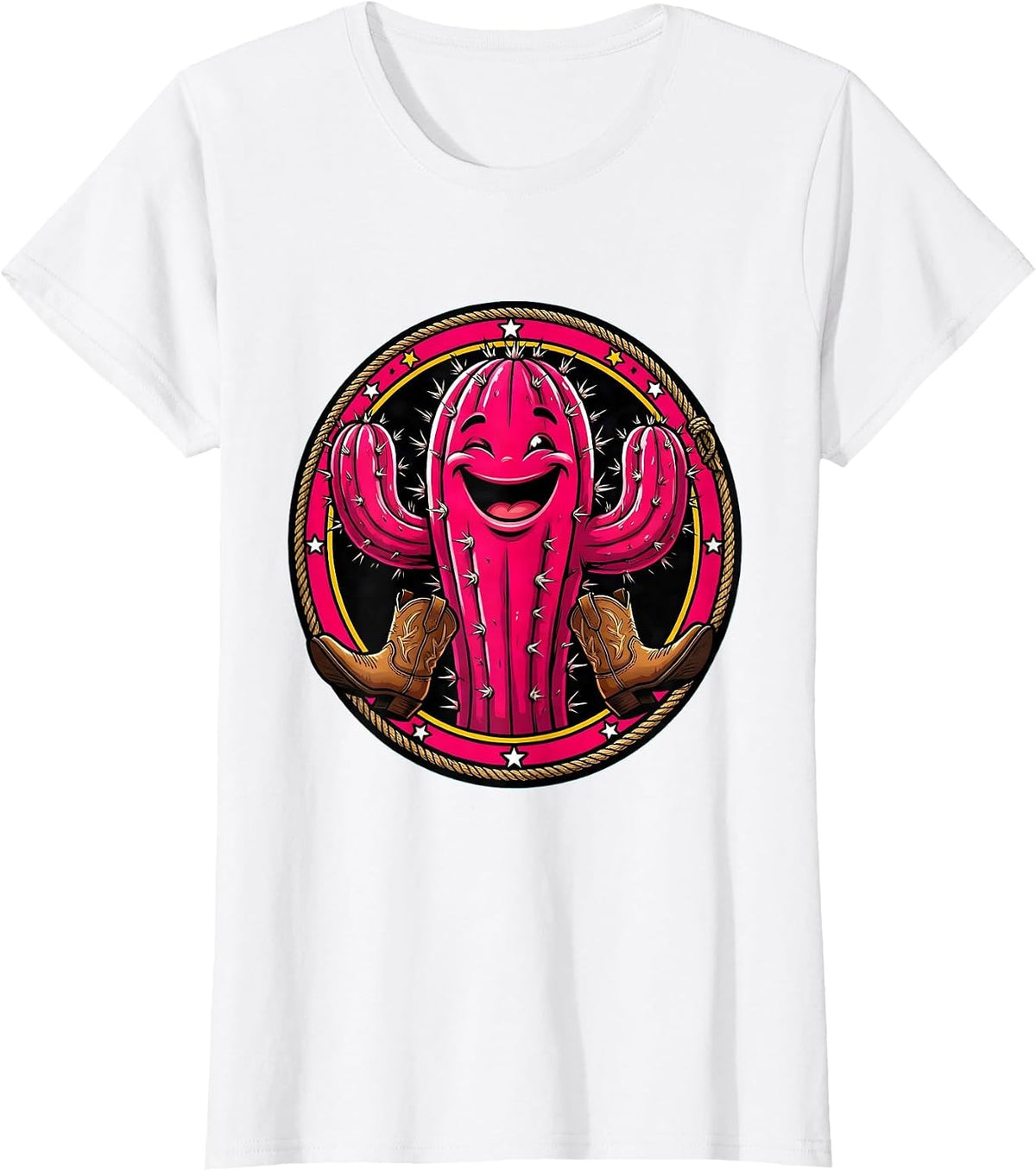 Pink Cactus Cowgirl Boots Western Desert Graphic T-Shirt - White
