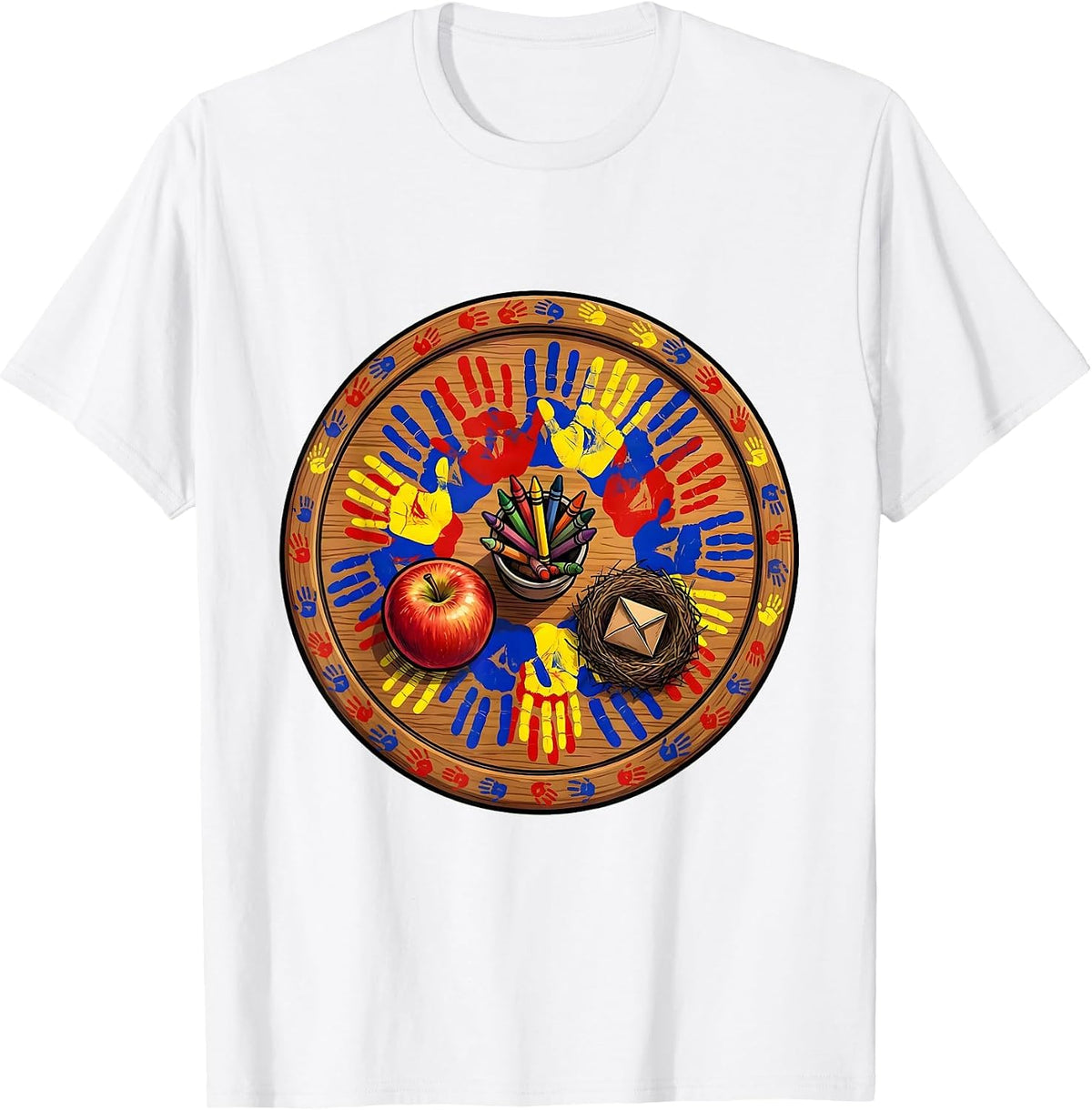Men's 2nd Grade Teacher Handprint Art Desk Design T-Shirt - White