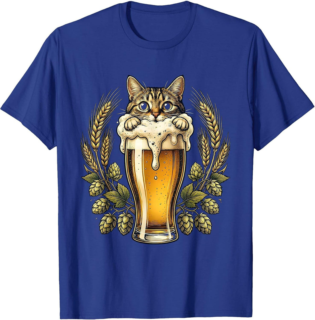 Curious Cat Peeking Over Beer Glass Illustration T-Shirt - Royal Blue