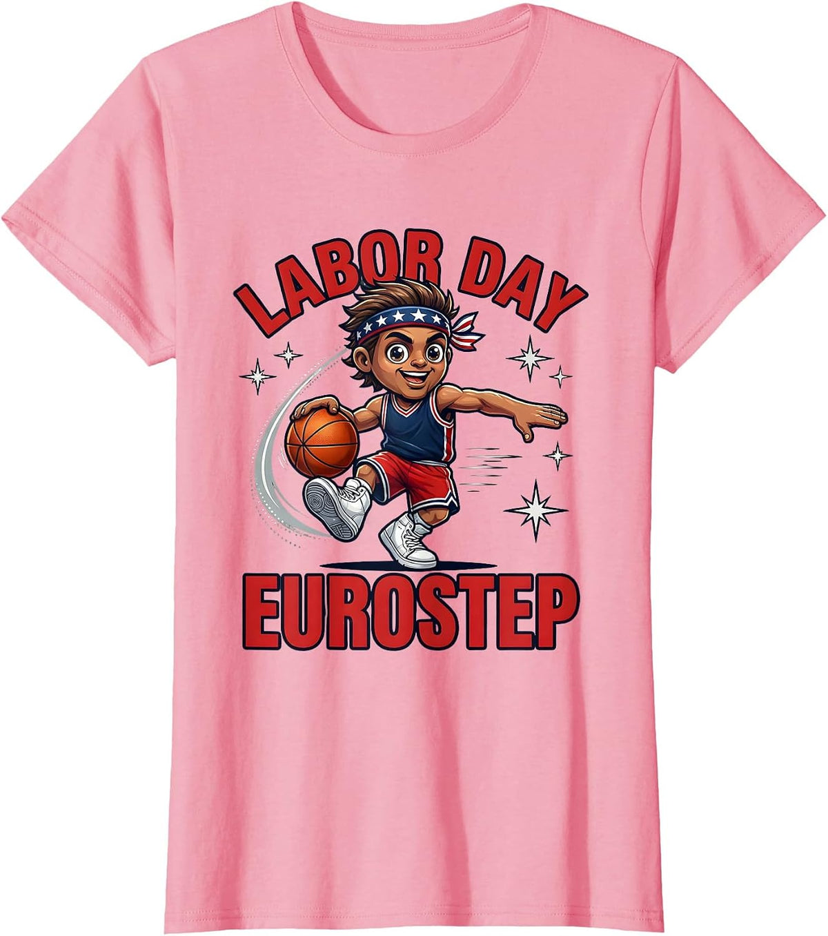 Women's LABOR DAY EUROSTEP Cartoon Basketball Player Patriotic T-Shirt - Pink