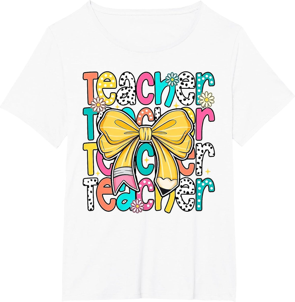 Teacher Pencil Coquette Bow Funny Back to School Teacher T-Shirt - White