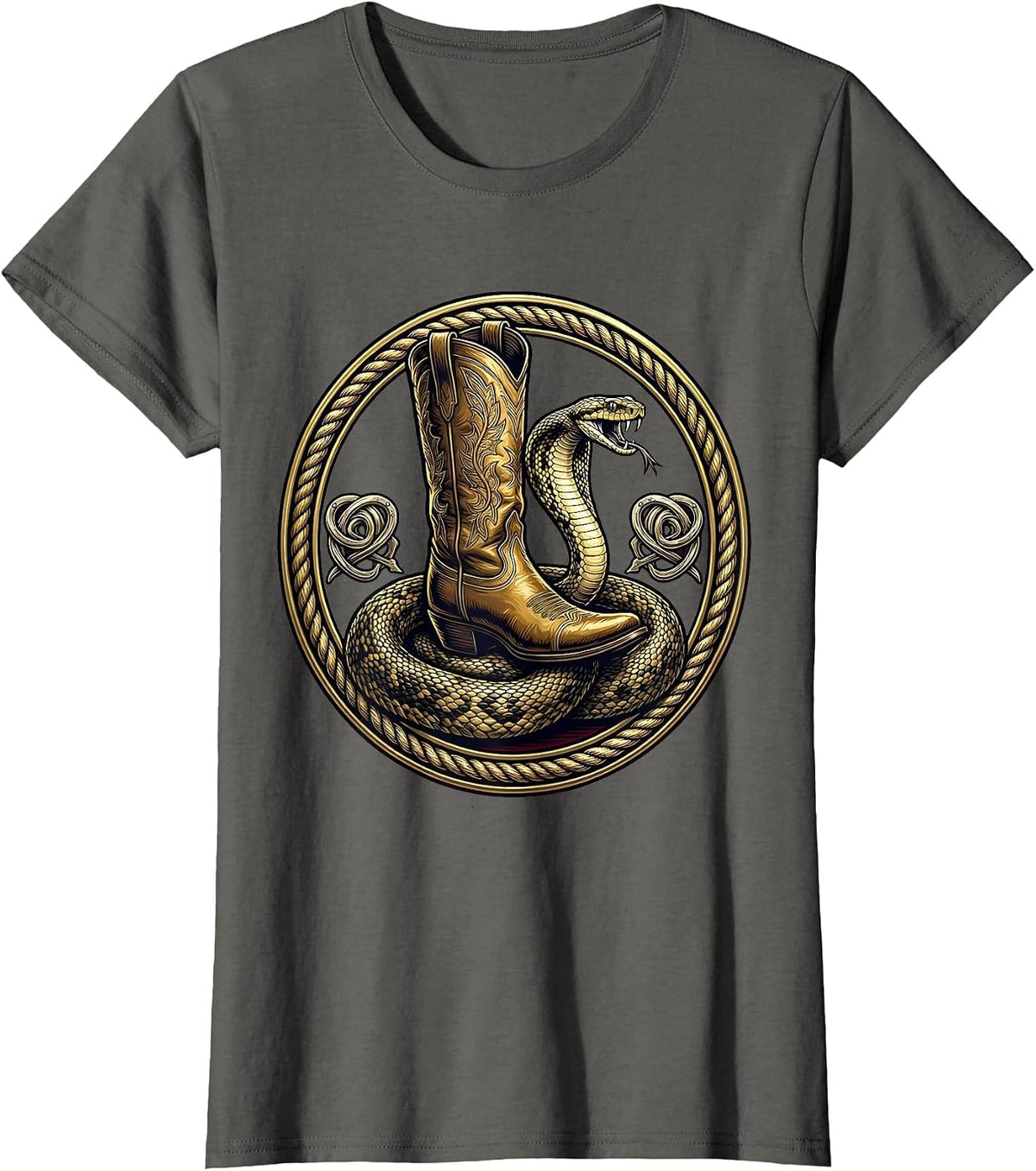 Women's Cowgirl Boot Crushing Snake Graphic Tee T-Shirt - Asphalt Grey