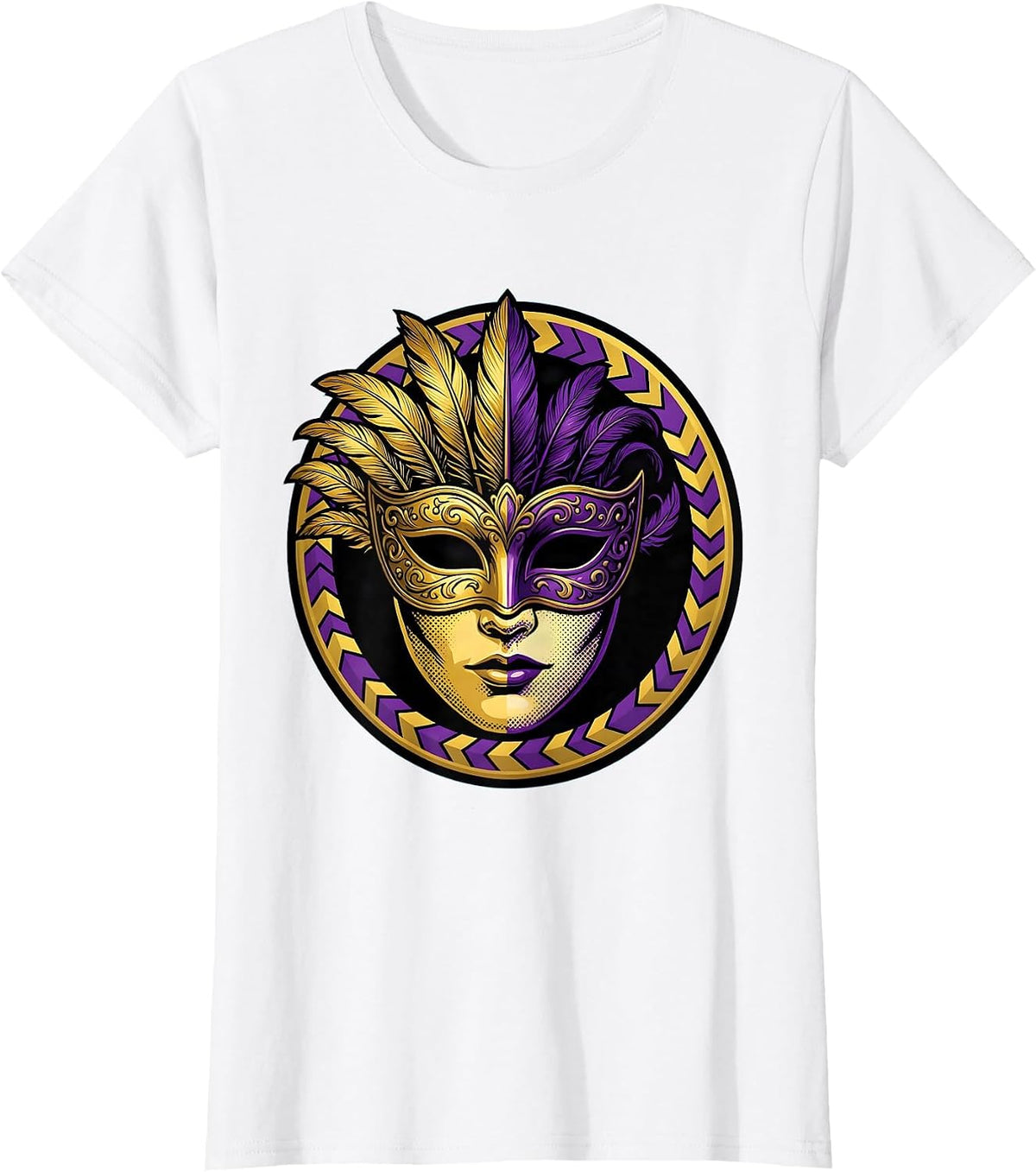 Ornate Mardi Gras Mask Gold and Purple Design T-Shirt - White