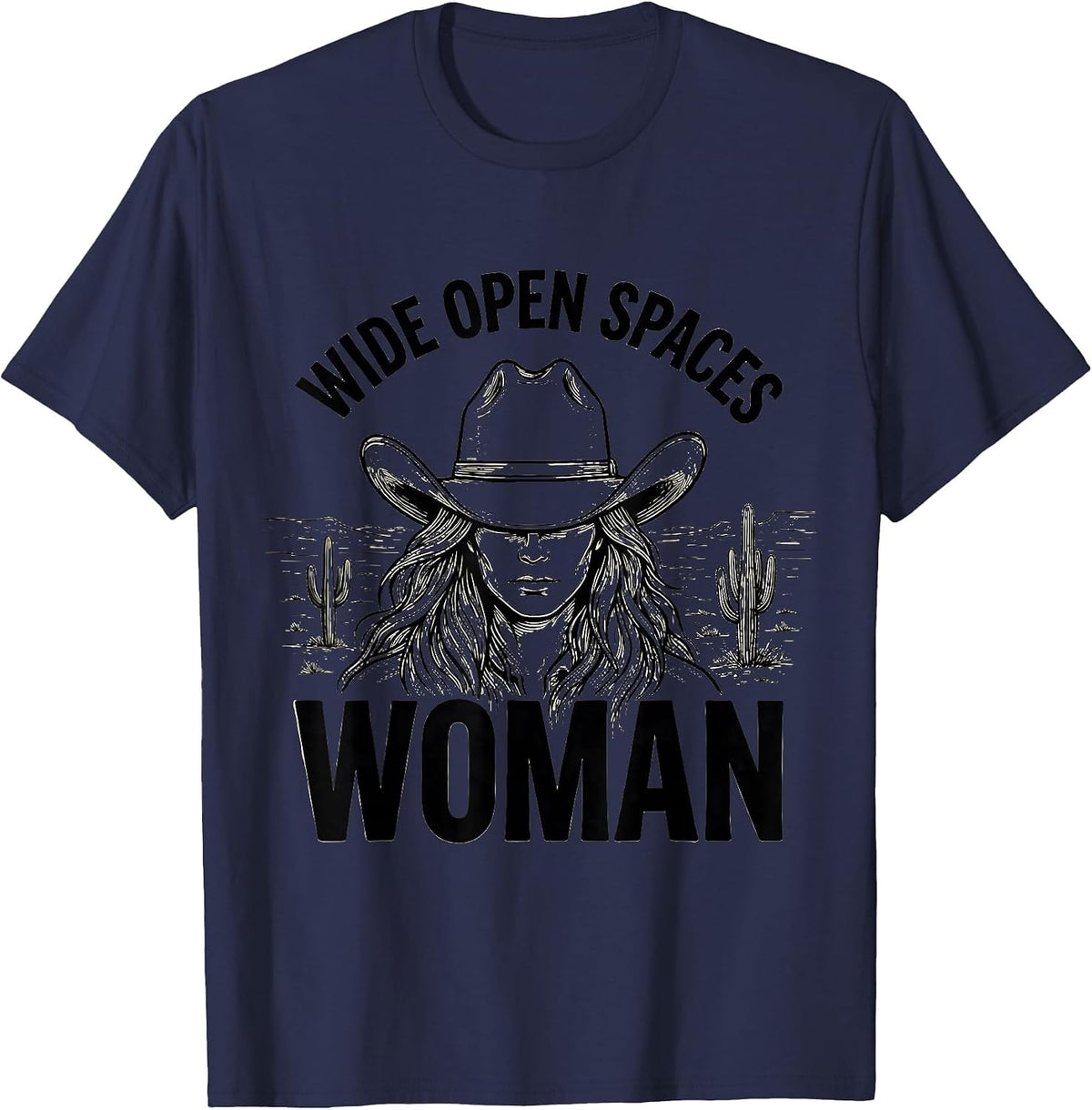 Wide Open Spaces Cowboy Western Design T-Shirt - Navy Blue