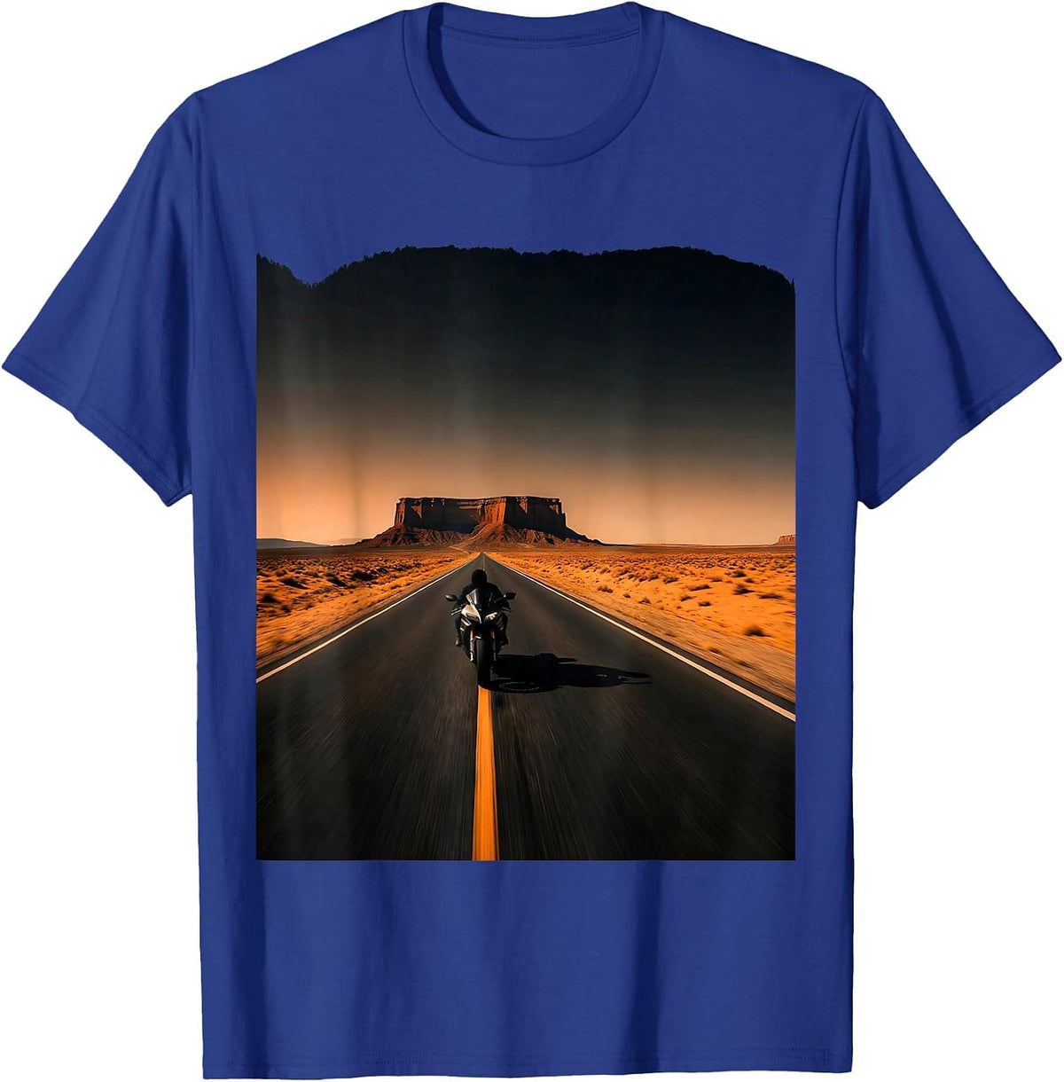Desert Highway Motorcycle Freedom Graphic T-Shirt - Royal Blue