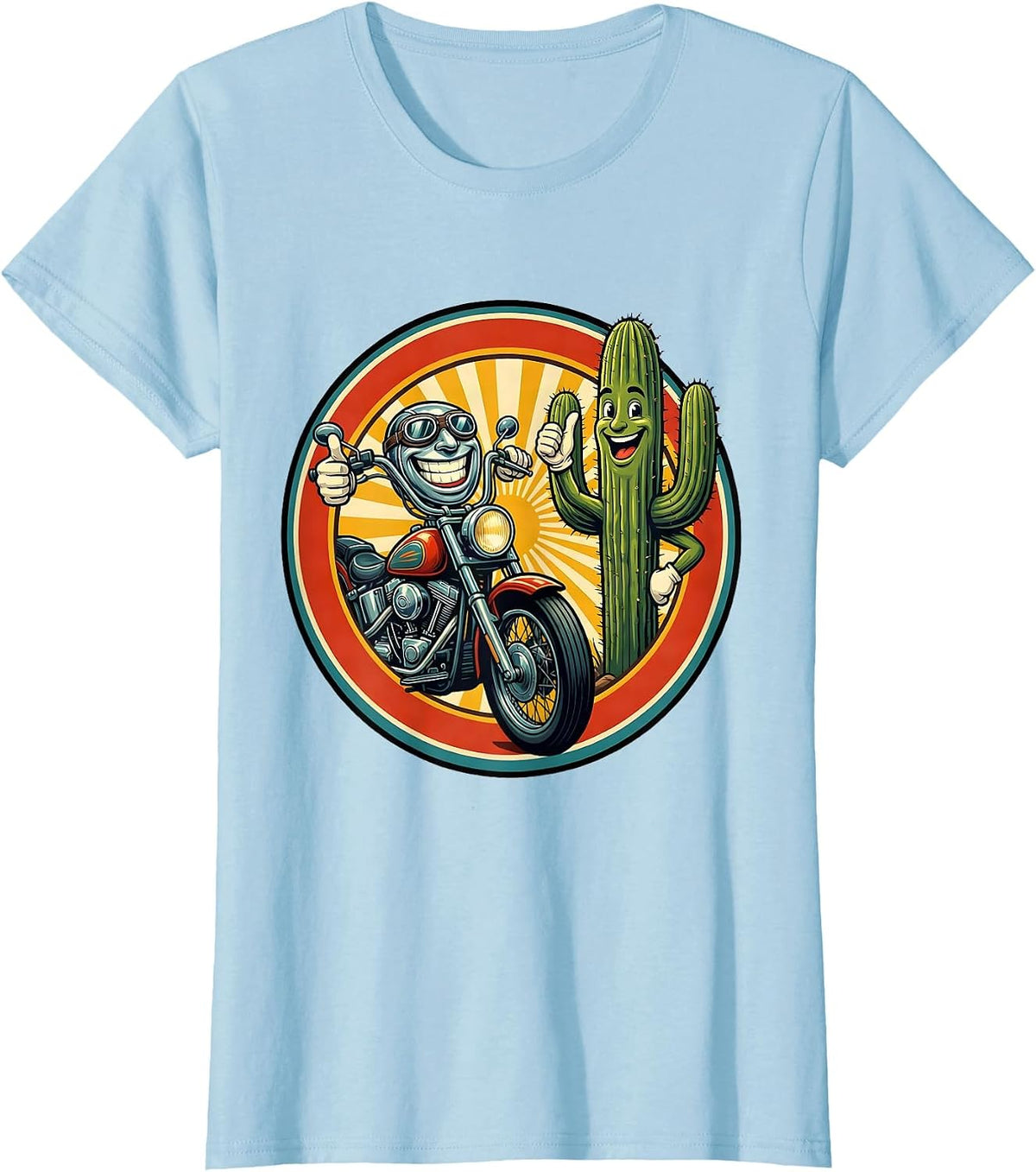 Women's Route 66 Retro Motorcycle Saguaro Cactus Design T-Shirt - Baby Blue