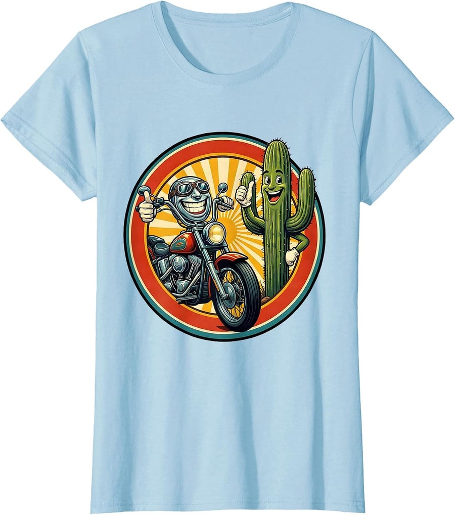 Women's Route 66 Retro Motorcycle Saguaro Cactus Design T-Shirt - Baby Blue