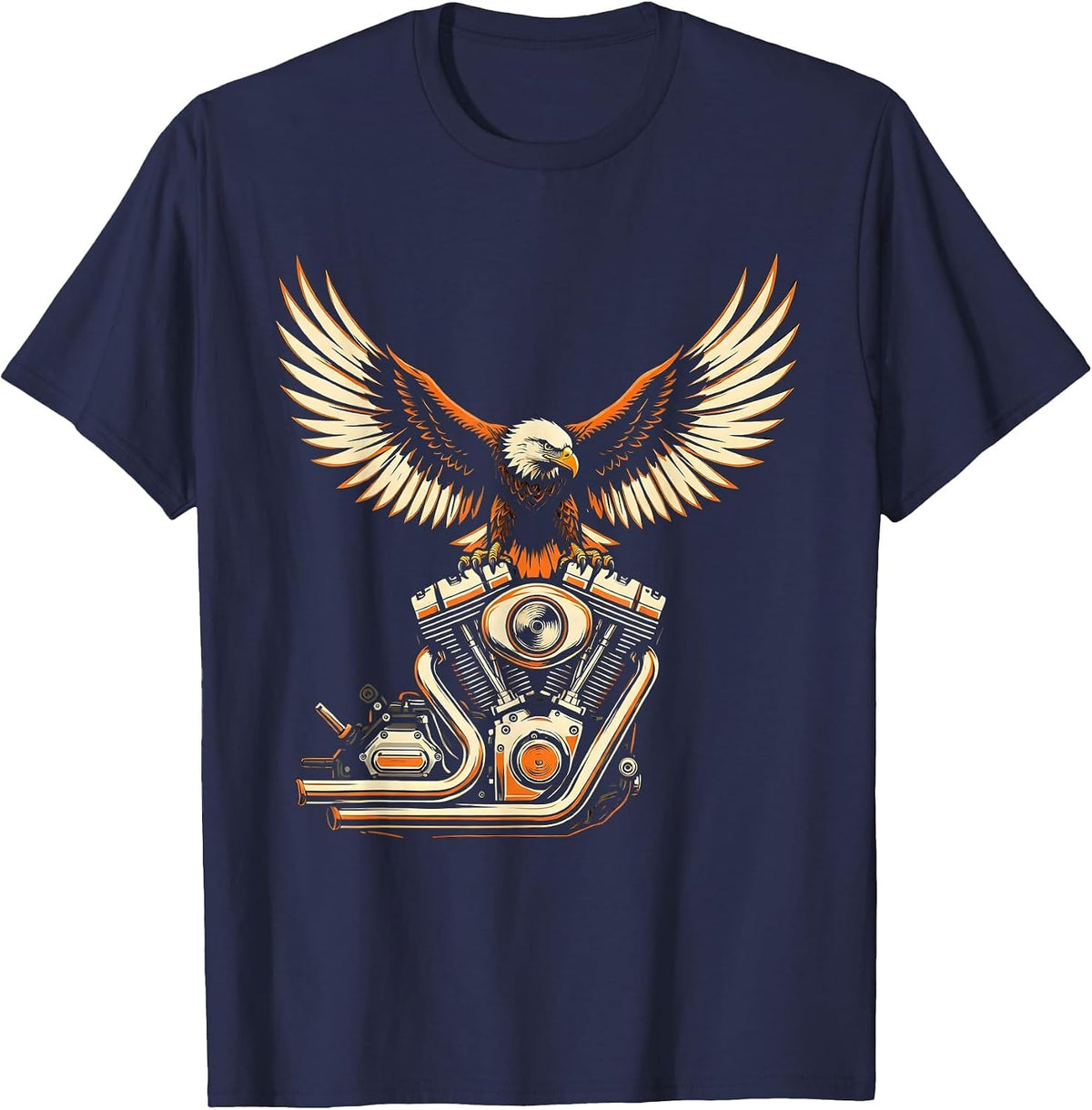 Eagle Wings Chrome Engine Motorcycle Graphic T-Shirt - Navy Blue