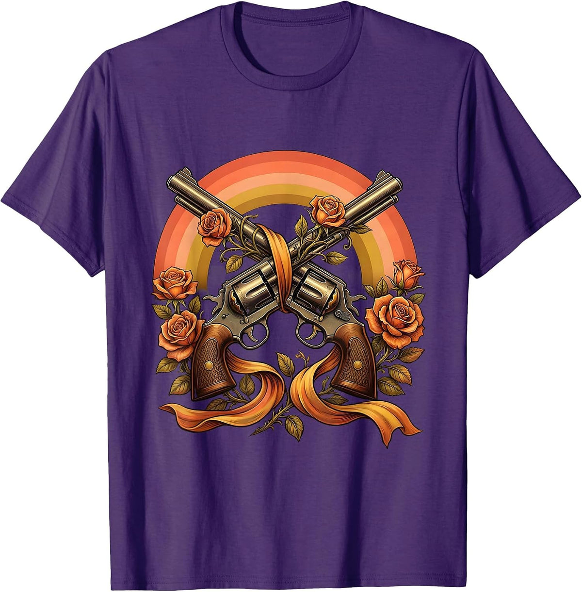 Crossed Revolvers Roses and Ribbon Cowboy Design T-Shirt - Purple