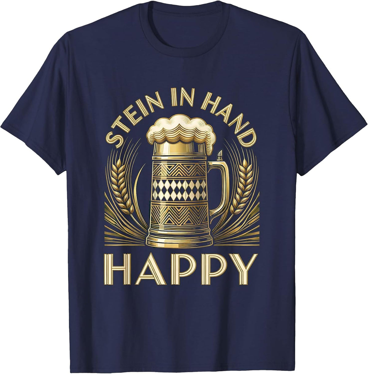 Men's Stein In Hand Happy Oktoberfest Design T-Shirt - Navy Blue