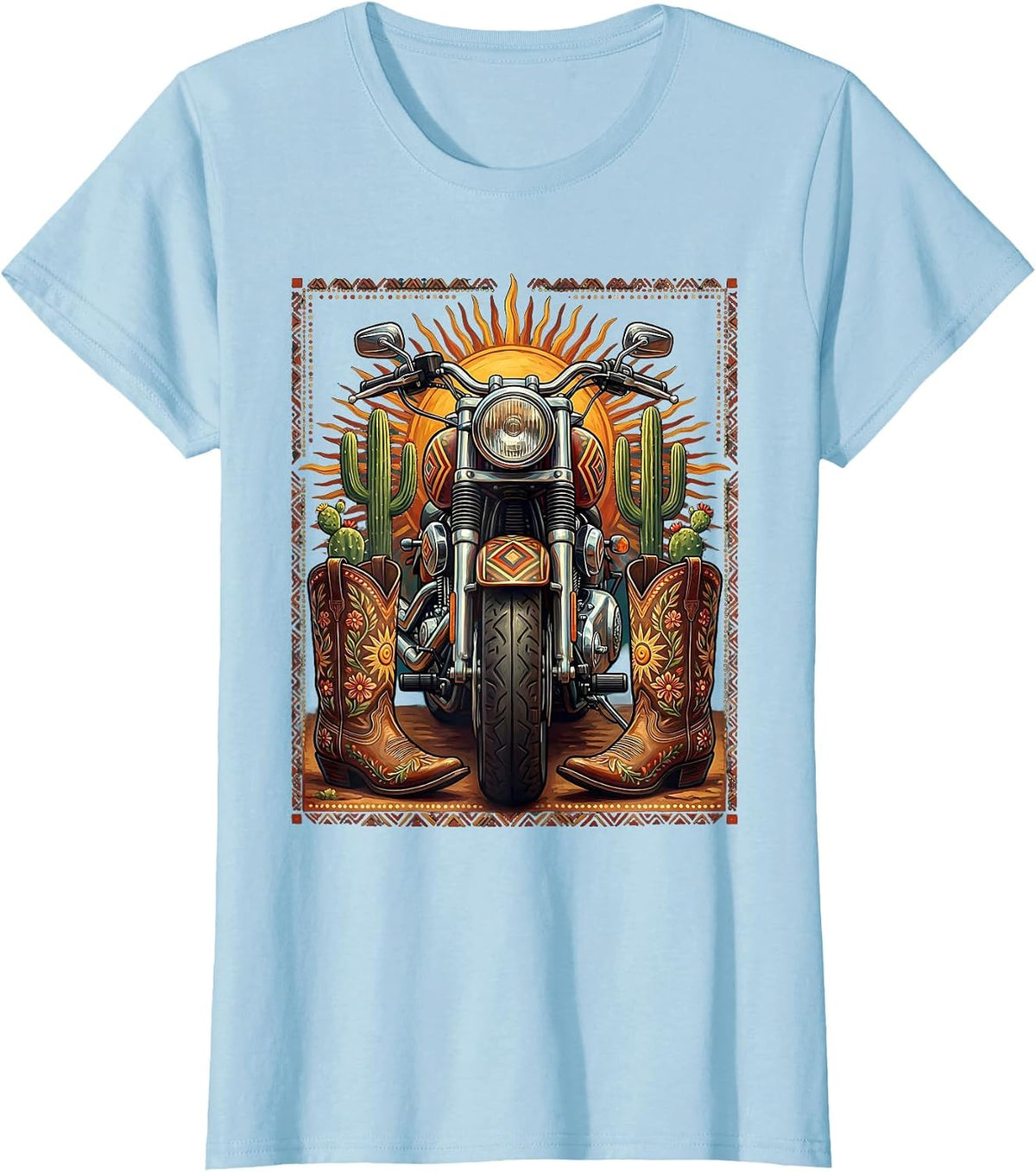 Women's Route 66 Cowboy Boots and Motorcycle Graphic T-Shirt - Baby Blue
