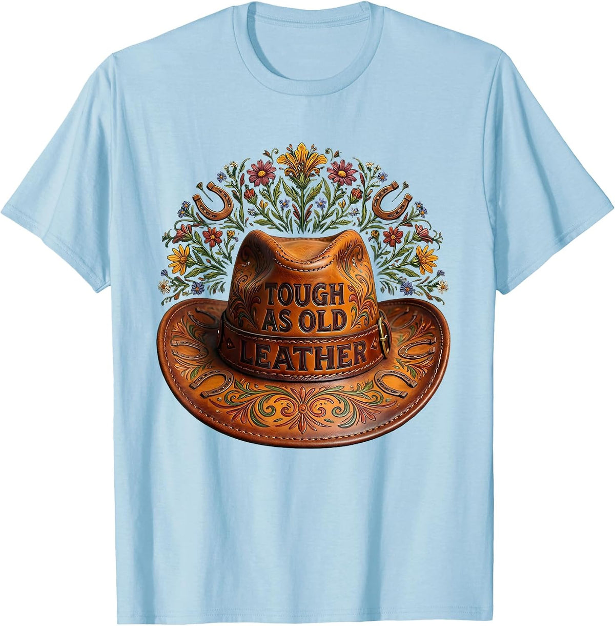 Men's Tough as Old Leather Cowboy Western Design T-Shirt - Baby Blue