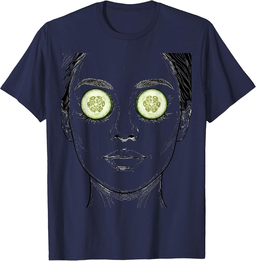 K-Beauty Skincare Sheet Mask Cucumber Illustration T-Shirt - Navy Blue