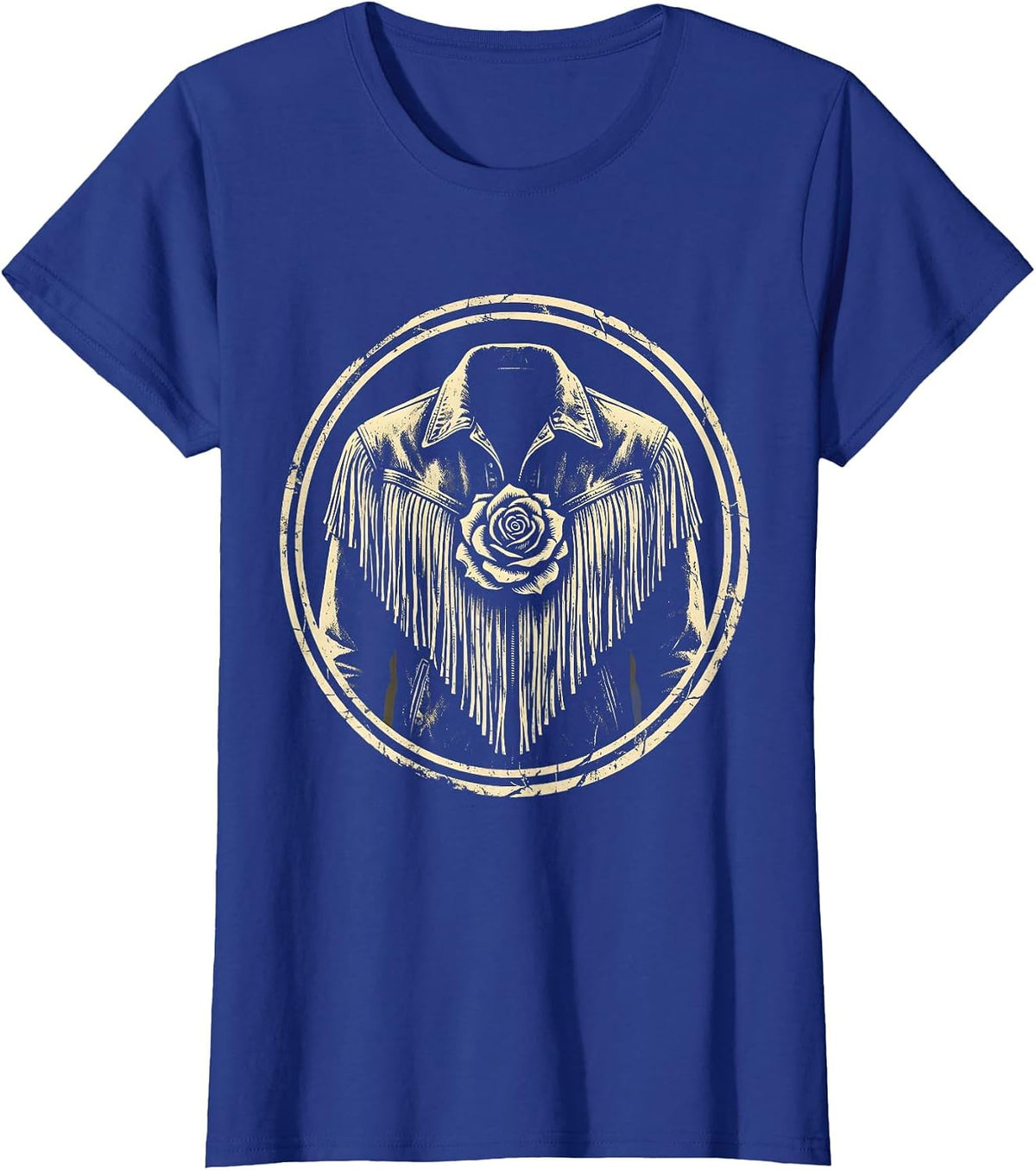 Women's Cowgirl Fringe Jacket Desert Rose Graphic T-Shirt - Royal Blue