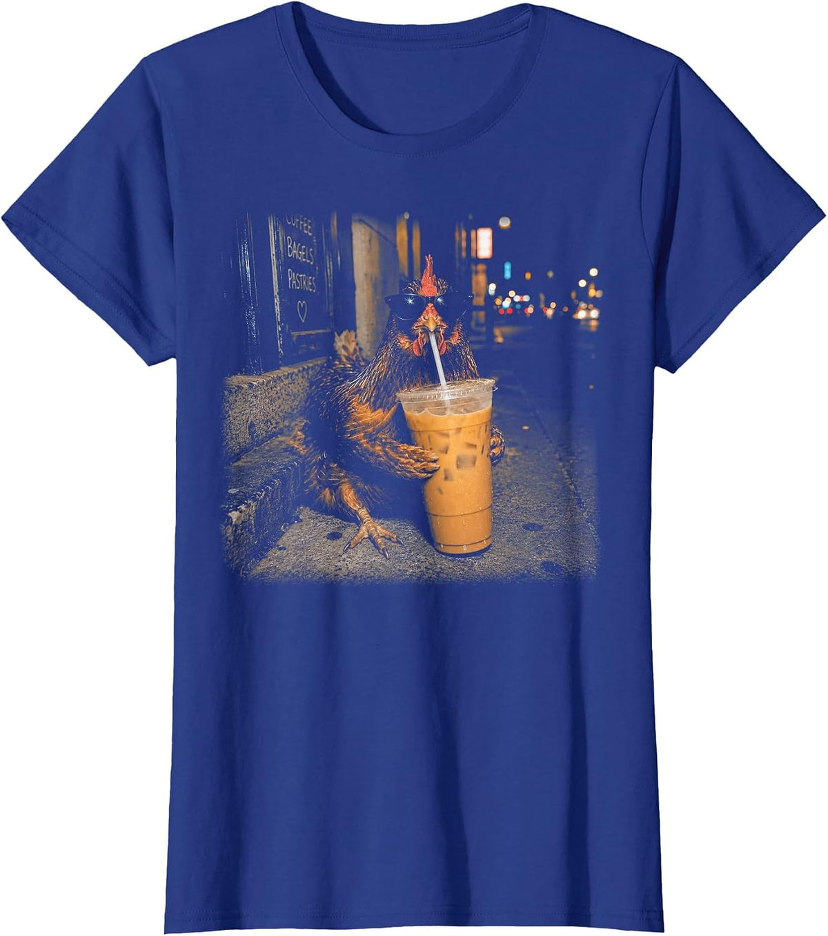 Funny Chicken Drinking Iced Coffee Cool Farm Animal Lover T-Shirt - Royal Blue