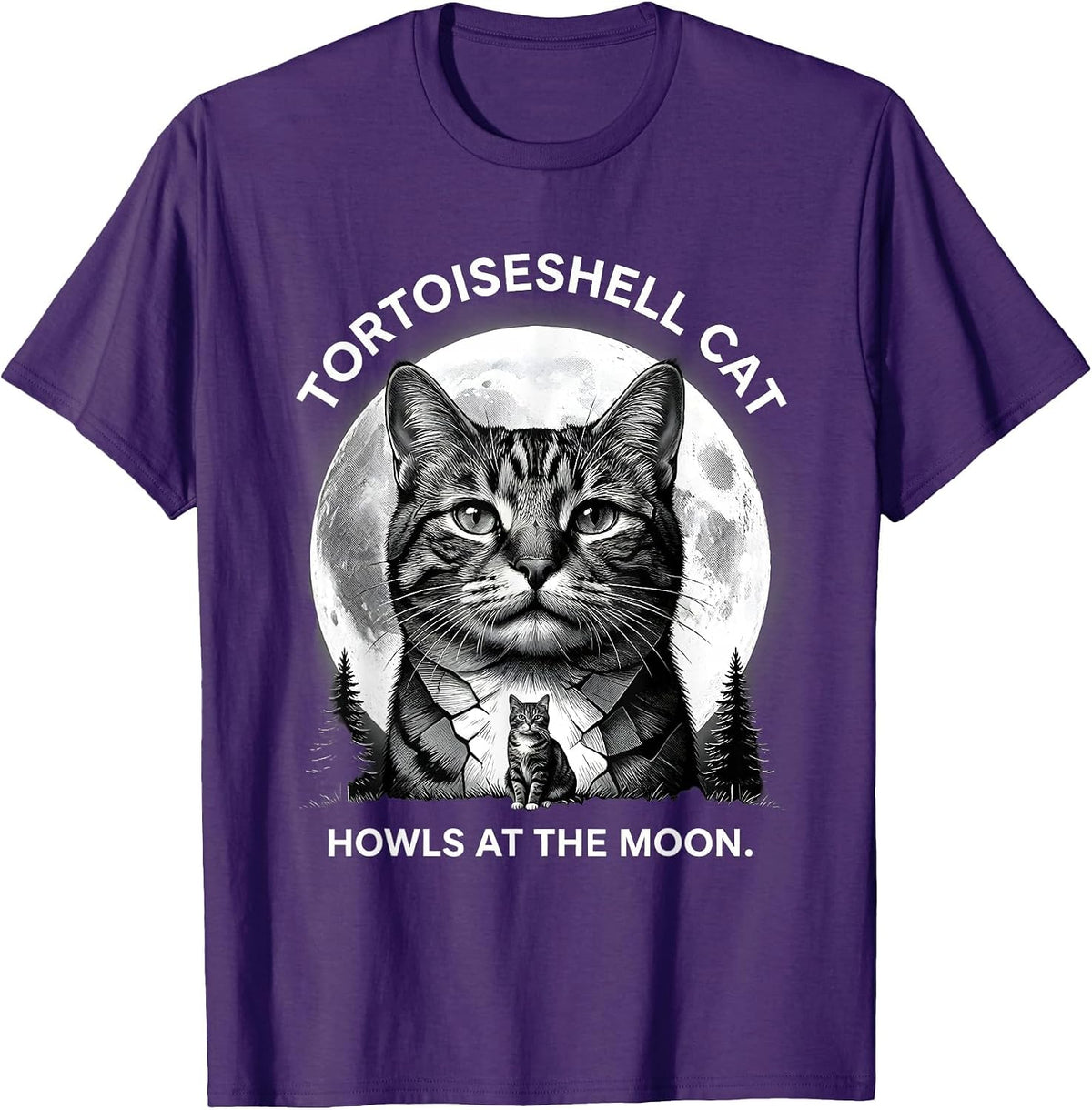 Men's Tortoiseshell Cat Howls at the Moon 90s Retro Novelty T-Shirt - Purple