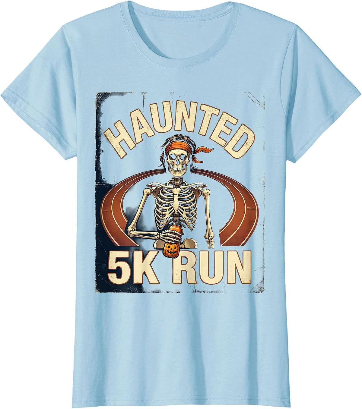 Haunted 5K Run Vintage Skeleton Funny Halloween 5K Runner T-Shirt - Baby Blue