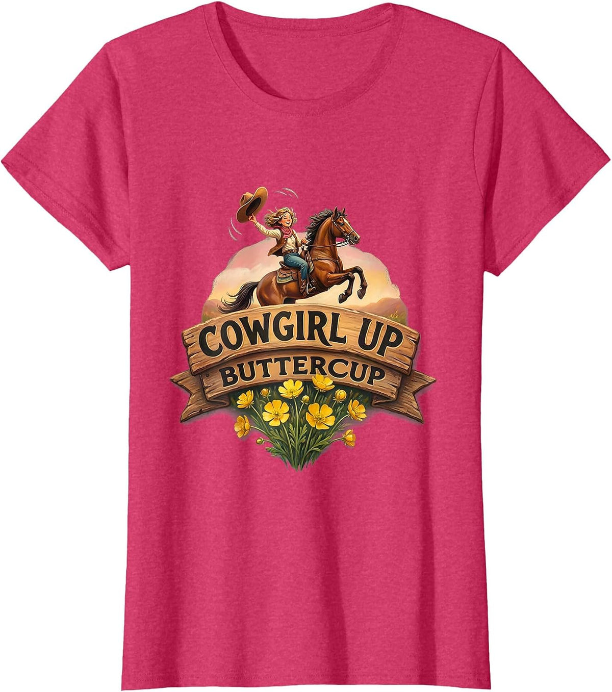 Women's Cowgirl Up Buttercup Rodeo Graphic Design T-Shirt - Red Heather