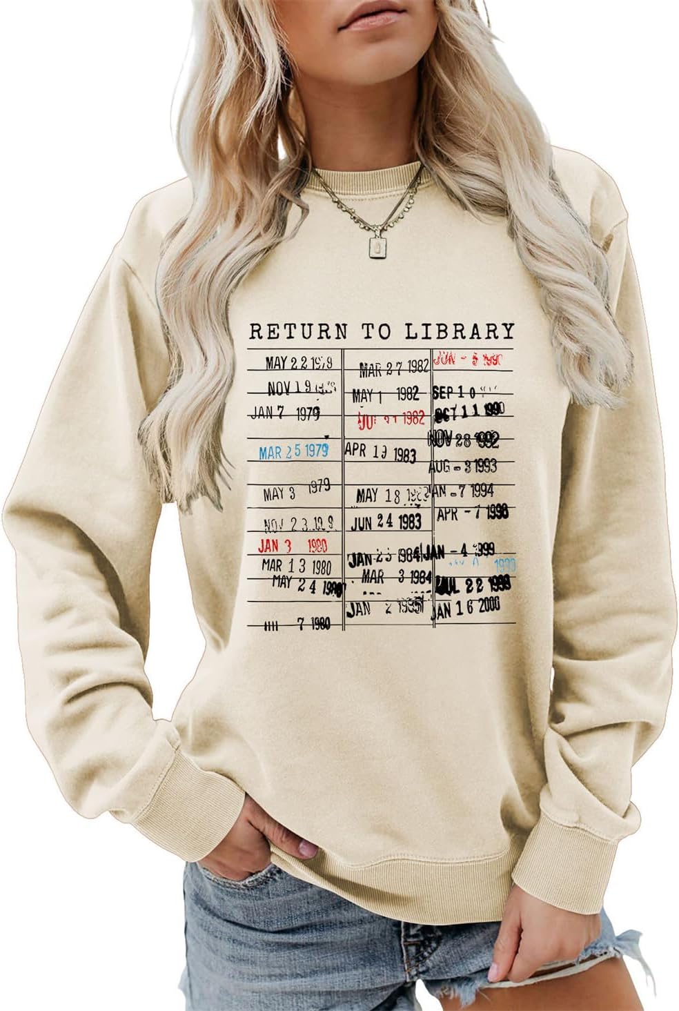 Return to Library Sweatshirt Women Book Crewneck Librarian Bookish Shirt Book Lover Tee Long Sleeve Teacher Tops - Beige