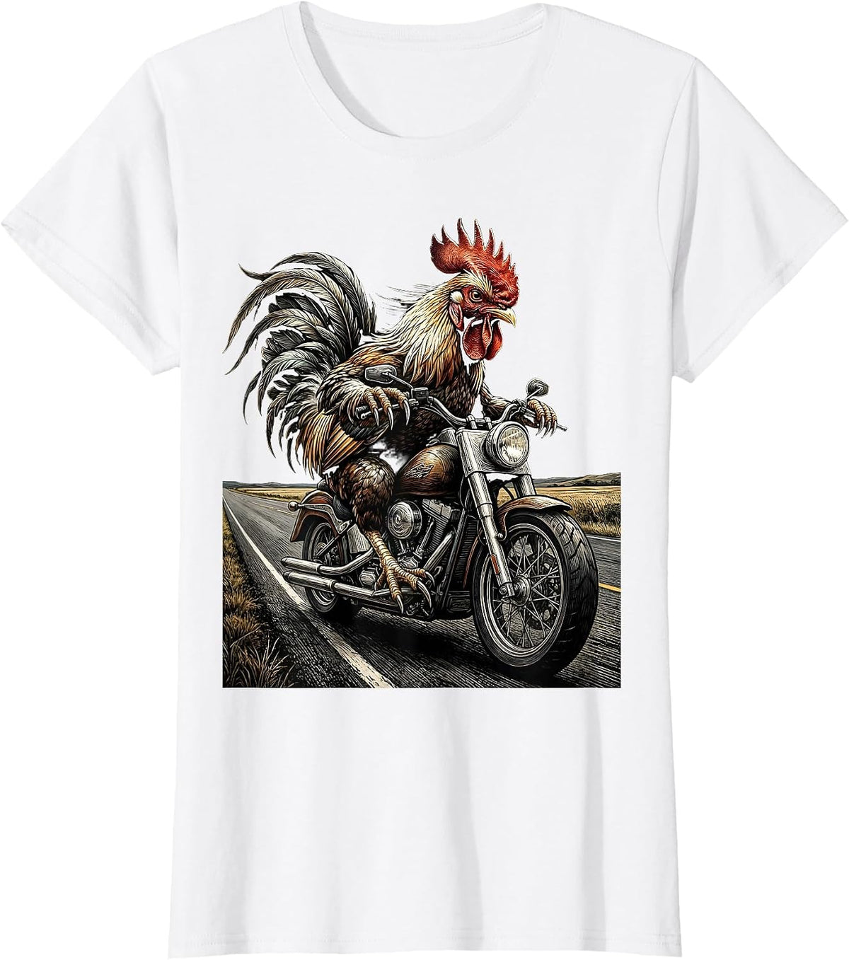 Rooster Motorcycle Rider Open Road Graphic T-Shirt - White