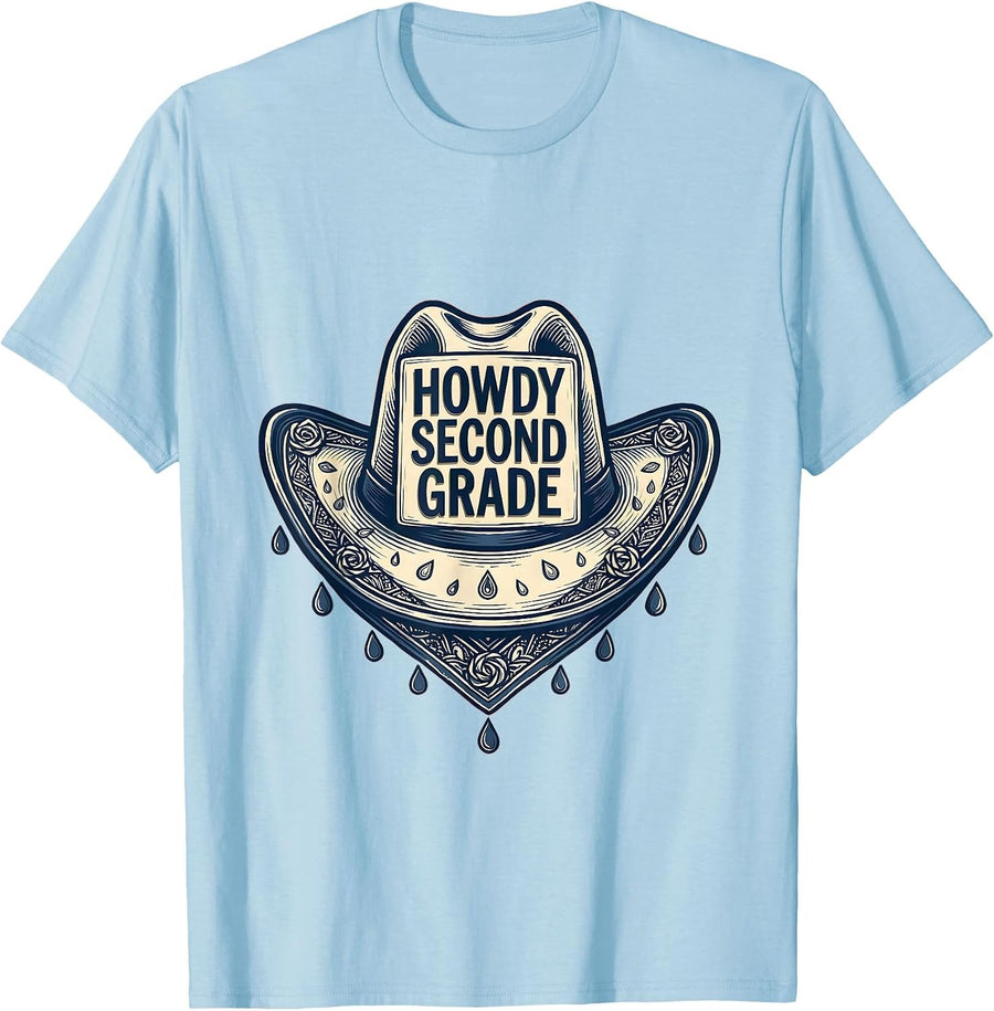 Men's Howdy Second Grade Western 2nd Grade Teacher Back To School T-Shirt - Baby Blue