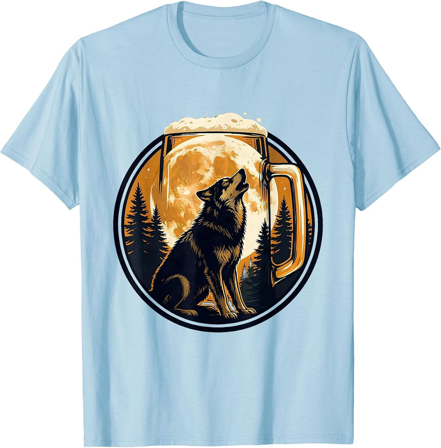 Men's Wolf Howling at Full Moon Beer Pint Graphic T-Shirt - Baby Blue