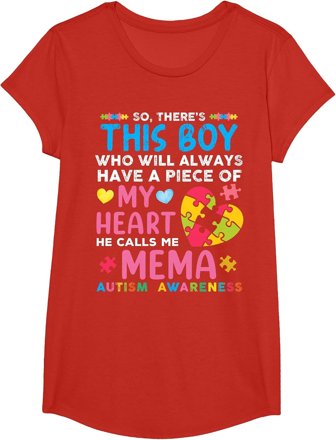 There's This Boy He Calls Me Mema Autism Awareness T-Shirt - Girls Red