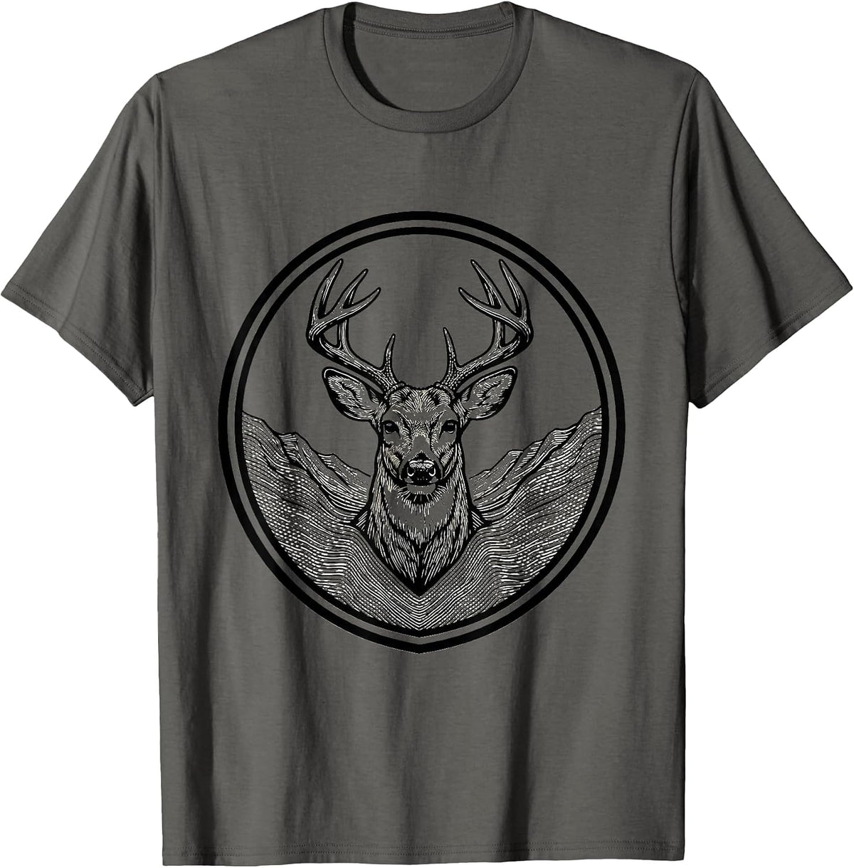 Men's Shield Buck Antlers Line Art Hunting Dad Gift T-Shirt - Asphalt Grey