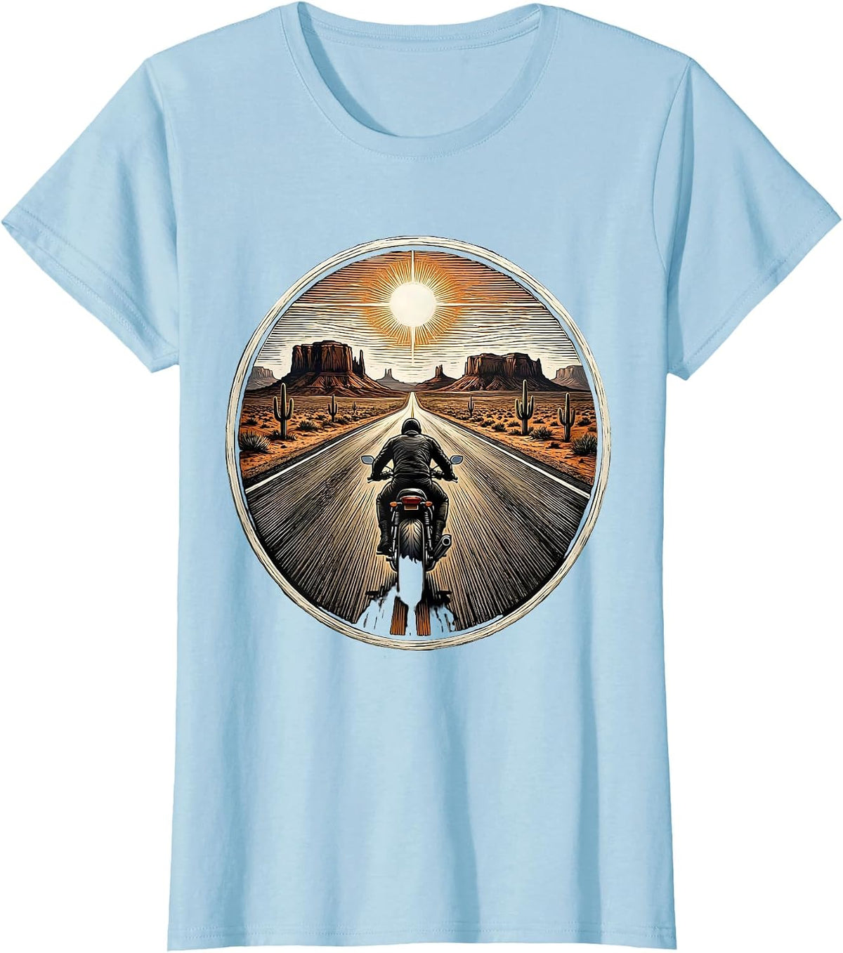 Women's Lone Biker Desert Highway Motorcycle Graphic T-Shirt - Baby Blue